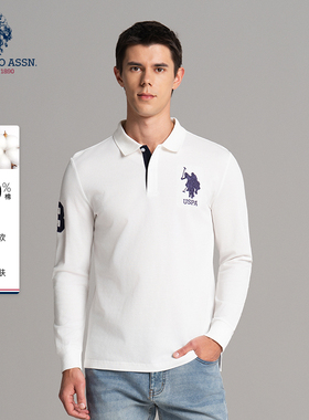 USPA男士长袖POLO衫100%纯棉美式休闲保罗打底衫易打理百搭男上衣