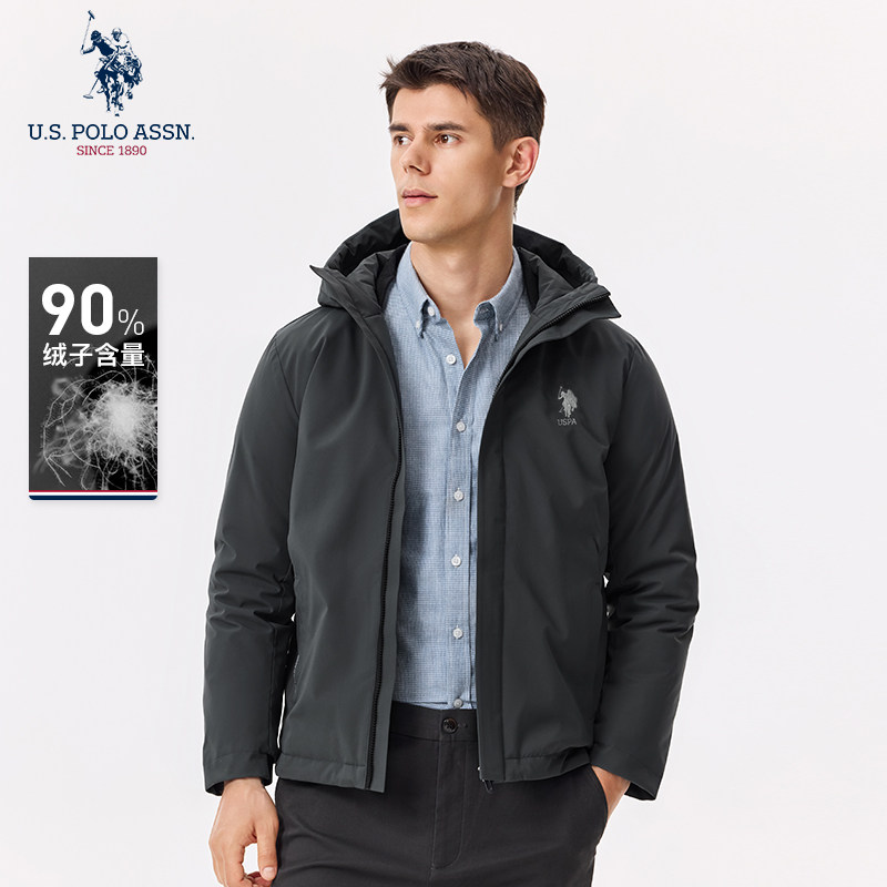USPA男士羽绒服连帽保暖商务休闲防寒鸭绒美式保罗羽绒上衣外套