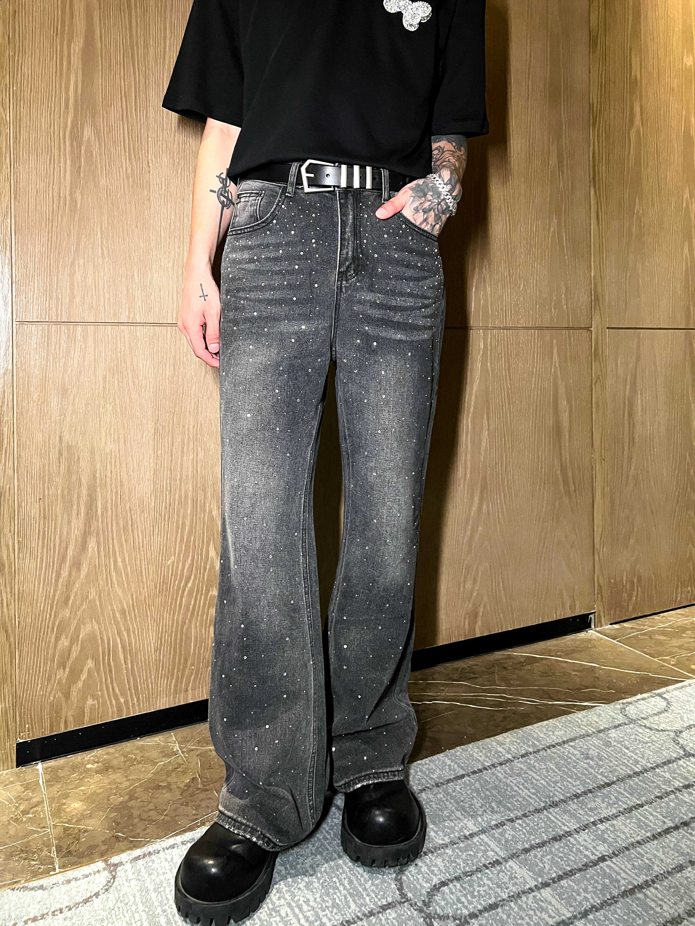 子上男装黑色满天星烫钻百搭牛仔裤男宽松水洗直筒休闲显瘦阔腿裤