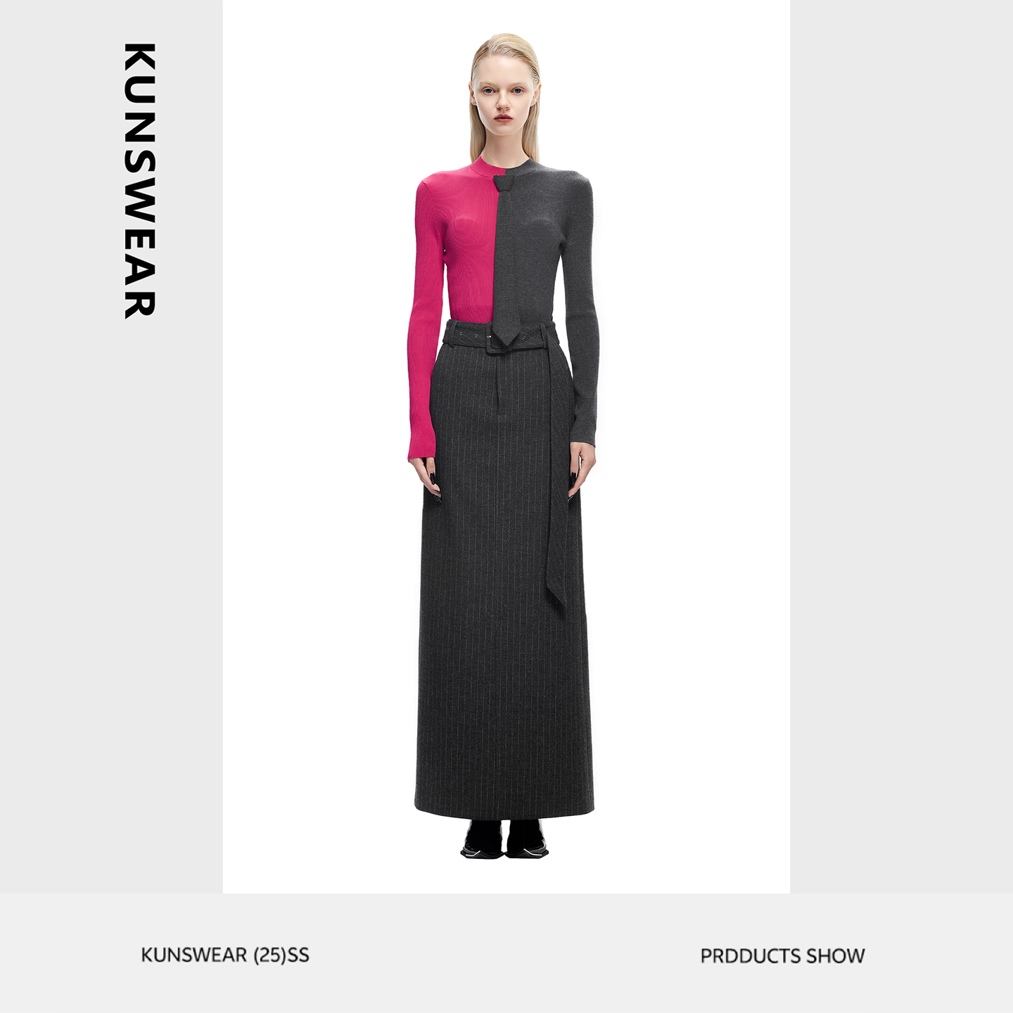 KUNSWEAR/琨丝薇尔25FA 玫红撞色时尚休闲领带长袖上衣 836004310