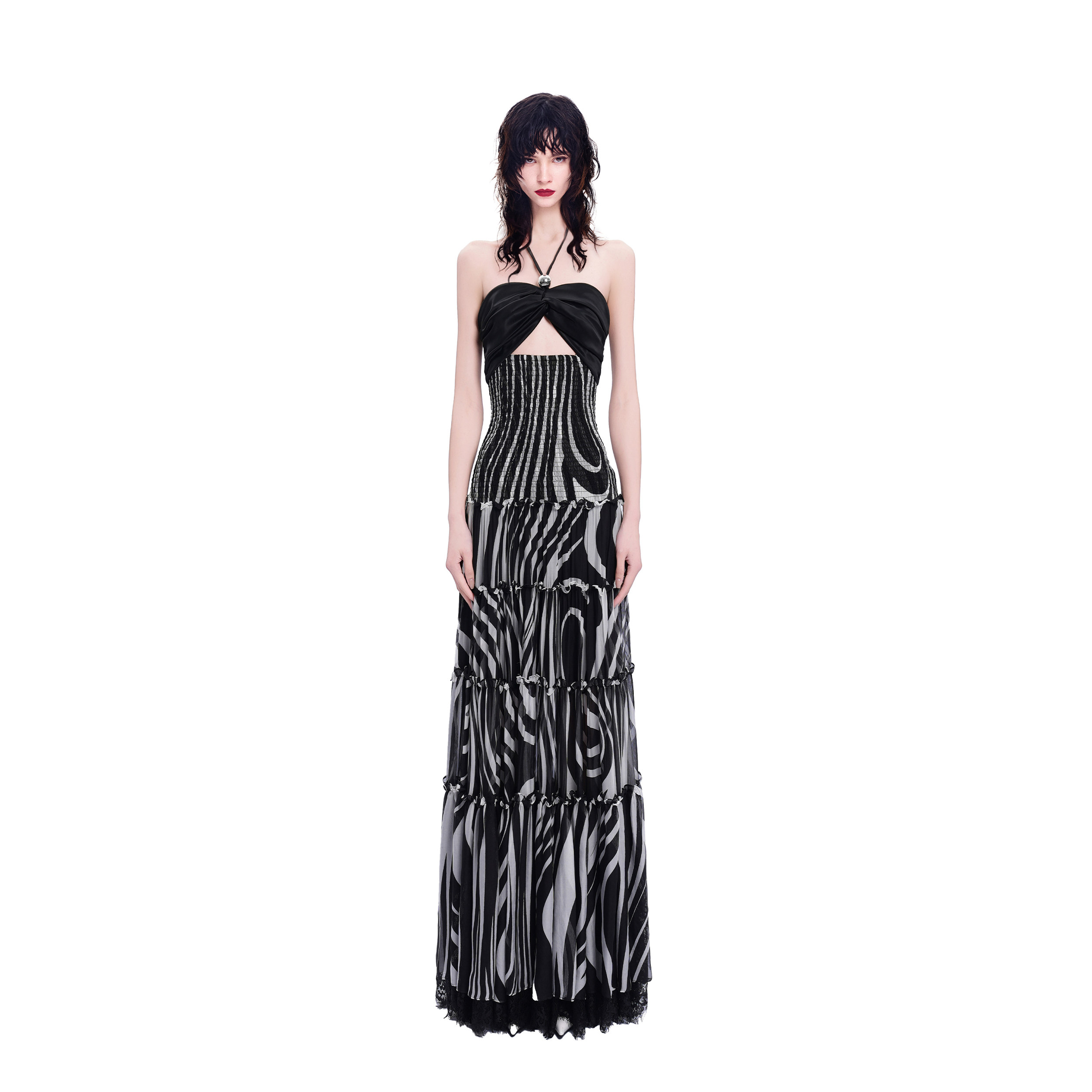 KUNSWEAR/琨丝薇尔26SU 挂脖抹胸水波斑马纹蛋糕连衣裙 844001010