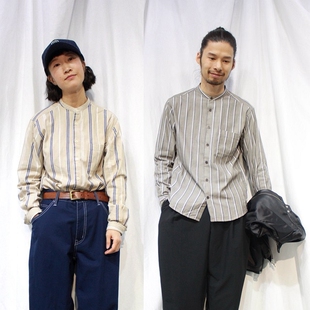 日系立领文艺竖条纹长袖衬衫纯棉休闲衬衣修身打底衫男女款青年