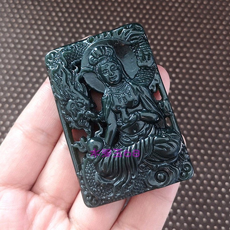 和田青玉手工雕刻坐龙观音吊坠男款骑龙玉菩萨项链送男士玉石礼物