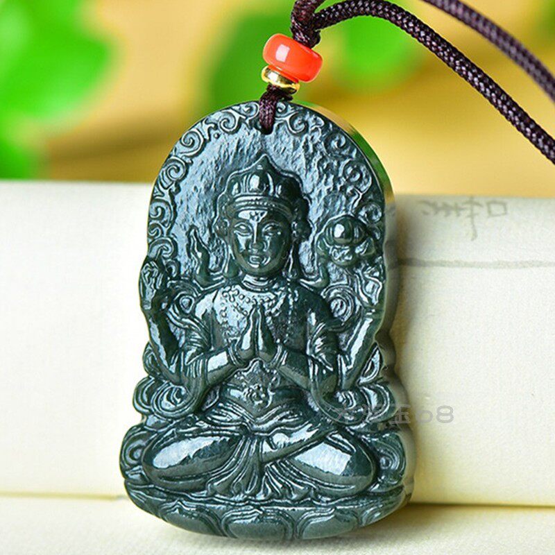 天然和田玉墨青玉莲花四臂观音吊坠平安玉石牌项链玉坠挂件男女款
