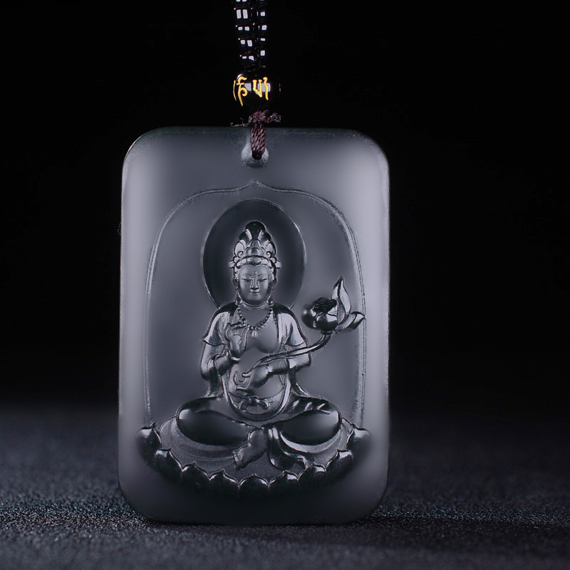 天然和田玉黑青玉吊坠坐莲观音挂件手持莲花双面山水风景玉牌项坠