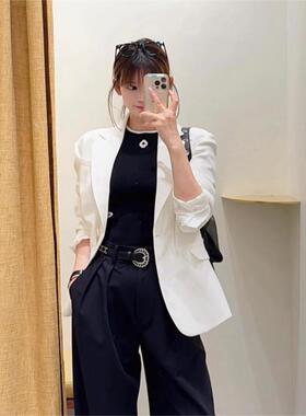 maSande2025春夏 女装时尚简约一粒扣翻领亚麻米色西装外套MFPVE0