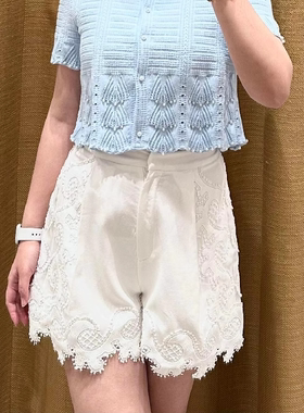 maSande2025春夏法式优雅 复古风高腰蕾丝拼接休闲短裤女MFPSH006