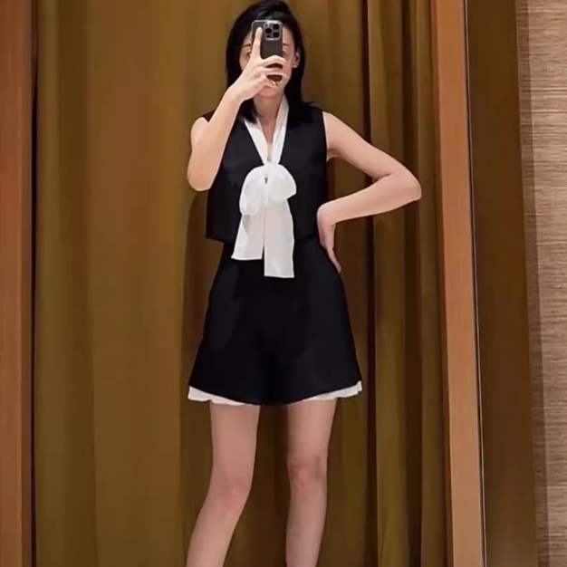maSande2025秋冬女装新款蝴蝶结V领系带西装领马甲上衣SFPTO00825