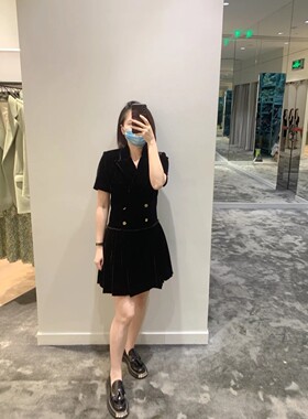 maSandeIOR2023早春新款法式金丝绒西装领连衣裙短袖女SFPRO02696