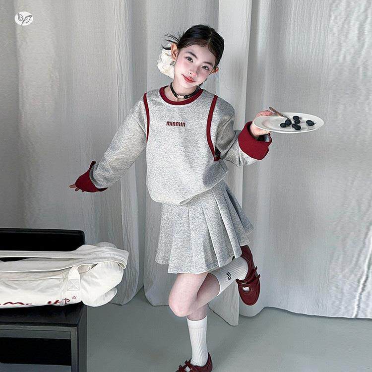 女童裙套装2秋025季新款假两件母字卫衣百褶短裙两件套中大童洋气,童装/婴儿装/亲子装,儿童运动套装,淘宝优惠券,粉丝福利购,淘宝优惠卷