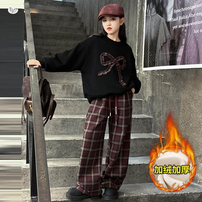 女童秋冬0加绒套装225年新款中大童蝴蝶休结卫衣格子裤闲两件套潮,童装/婴儿装/亲子装,儿童运动套装,淘宝优惠券,粉丝福利购,淘宝优惠卷