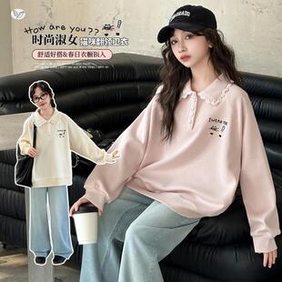 2童025秋季 孩时尚 女卫衣套装 新款 花边领女POLO衫 女生休闲牛仔长裤