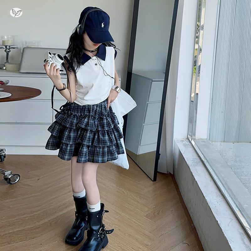 女夏裙套子装学院风POLOT恤格子裙两件套中大童2童025新款半身裙