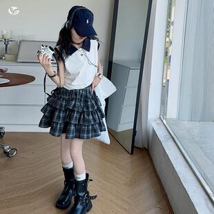 女夏裙套子装学院风POLOT恤格子裙两件套中大童2童025新款半身裙