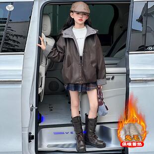 女童秋冬加厚皮衣外套2025年新大款中童韩系短子款格拼接夹克衫潮