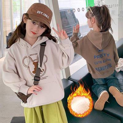 2025秋装男女童加厚加绒大卫衣冬套头连帽宽衫羊羔毛保暖中大童松