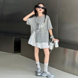 蝴蝶亮片T恤花邊設計感開叉上衣韓版 女童2026夏季 新款 套裝 半身裙