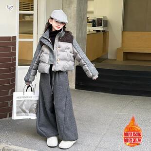女童棉加厚棉色袄2025冬季新款中大夹童短款拼棉服羊羔毛拼接外套