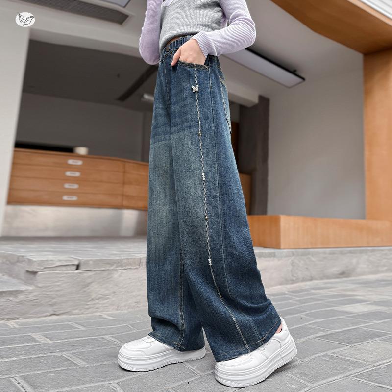 女童牛仔裤春秋款2025新品侧年边蝴蝶大钉珠阔腿裤中童韩系直筒裤