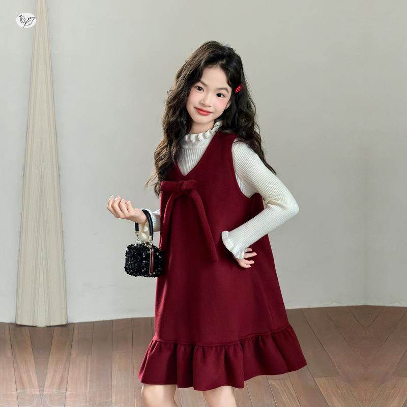 女童2025年冬新款拜年红气质毛呢大结连衣裙两蝶件蝴套女大童加厚,童装/婴儿装/亲子装,连衣裙,淘宝优惠券,粉丝福利购,淘宝优惠卷