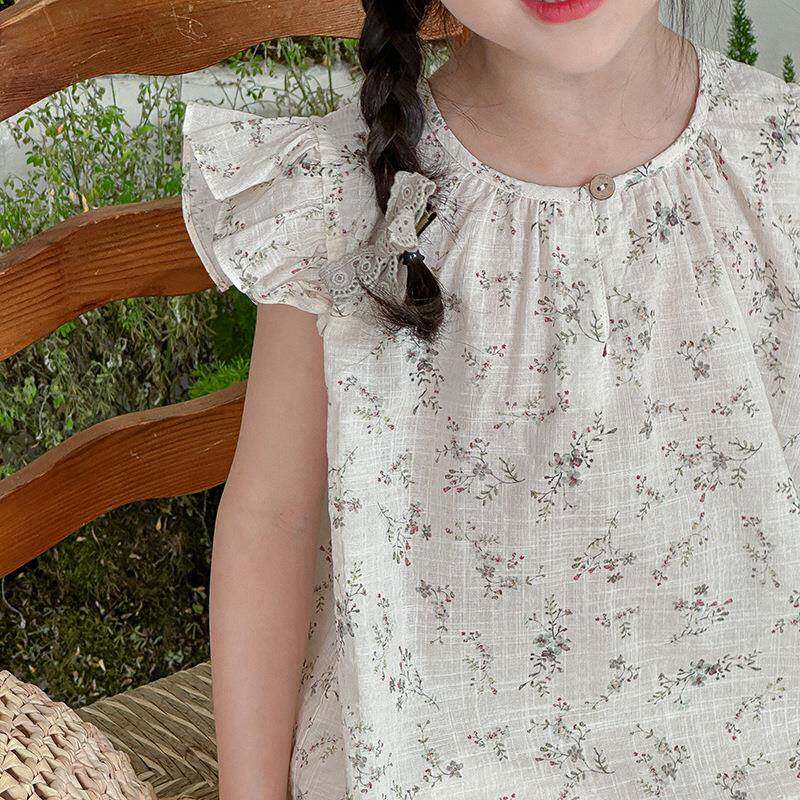 儿童夏无袖上衣碎花圆薄款飞袖竹节棉质女童季凉幼儿园韩领版宽松