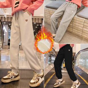 女冬季生羊羔毛加绒加厚裤子保暖宽大肥胖弹力收口小童学小熊裤潮