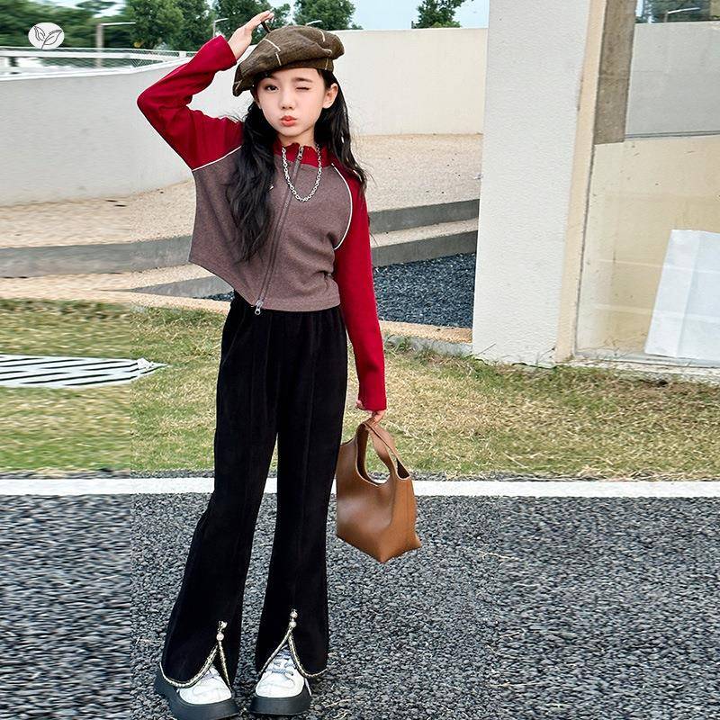 童秋冬加绒裤子2025款中大女童时髦脚口开叉喇叭新裤显瘦春秋长裤