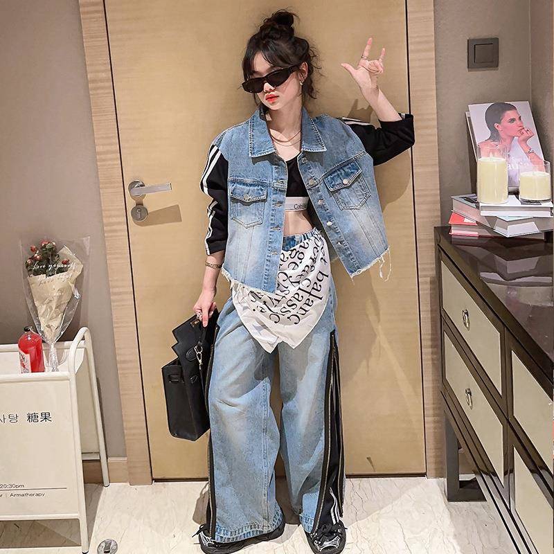 时尚套装女装202童5春秋撞新款洋气牛仔色外套休闲拼接阔腿牛仔裤