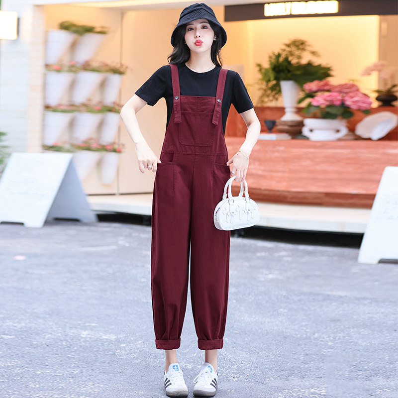 时尚夏季网红复古红色牛仔背带裤女洋气减龄小个子宽松休闲连体裤