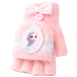 迪士尼女童手套冬季保暖儿童半指翻盖手套女孩中大童爱莎公主加绒