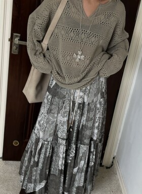 HELLOTANGO《泰兰德市集》夏季民族风花边拼接抽绳半身裙25571#