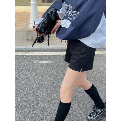 HELLOTANGO《腿精秘籍》小众设计简约百搭黑色显瘦高腰短裤23003#