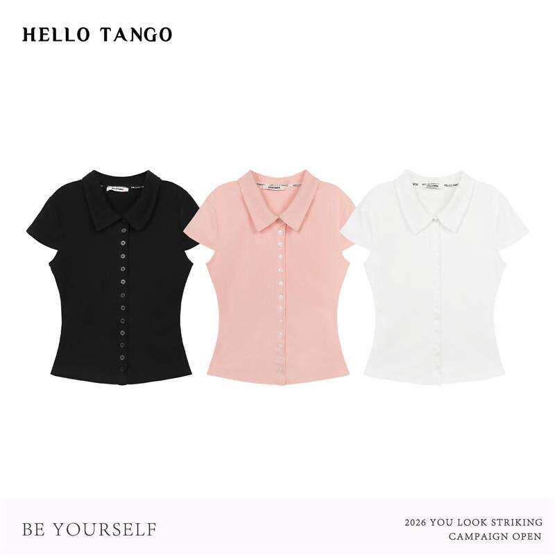 HELLOTANGO《掐腰小纪》夏季法式简约单排扣显瘦polo短袖T恤96829