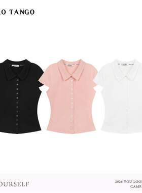 HELLOTANGO《掐腰小纪》夏季法式简约单排扣显瘦polo短袖T恤96829