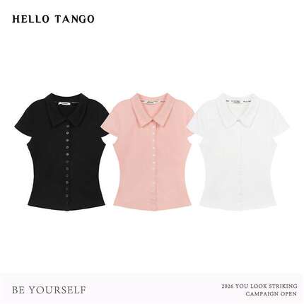 HELLOTANGO《掐腰小纪》夏季法式简约单排扣显瘦polo短袖T恤96829
