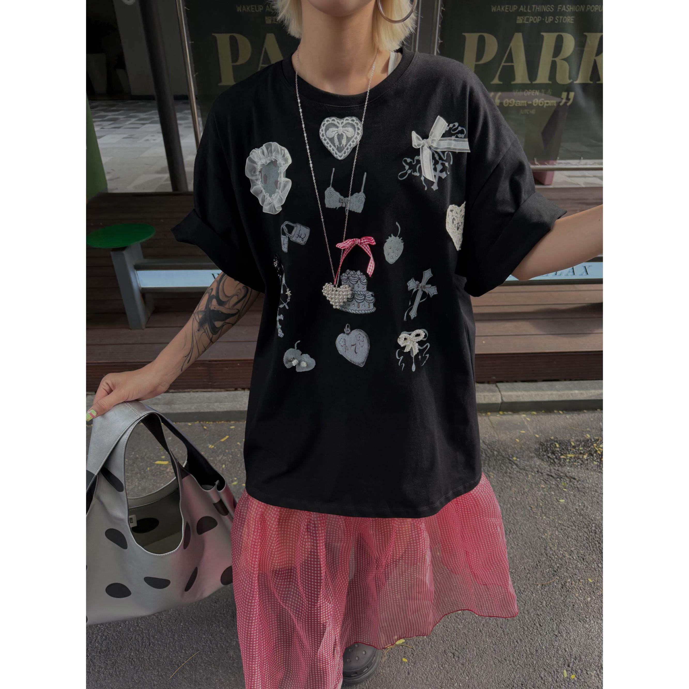 HELLOTANGO《少女邂逅》夏季甜美立体蕾丝拼接刺绣圆领T恤85625#