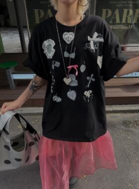 HELLOTANGO《少女邂逅》夏季甜美立体蕾丝拼接刺绣圆领T恤85625#