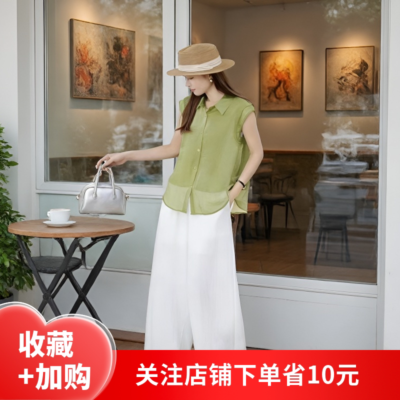天丝2026夏休闲翻领单排扣上衣阔腿裤两件套女装套装极简穿搭