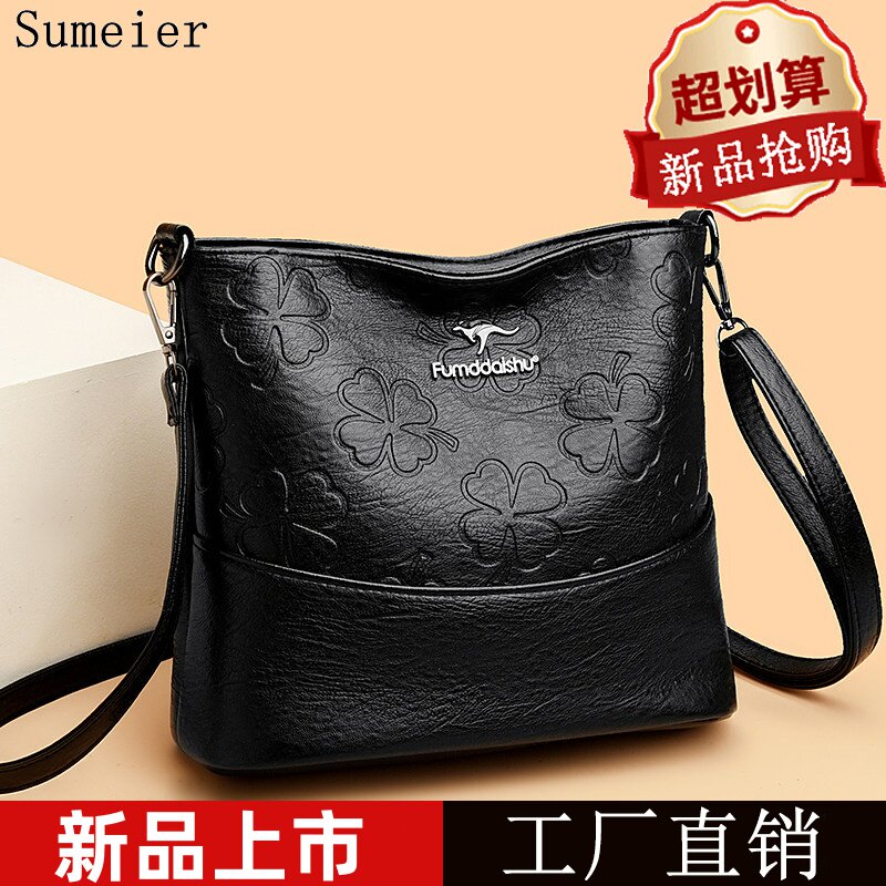 真皮压花女2026新款高颜值时尚水桶大容量女士单肩斜挎包中年妈妈