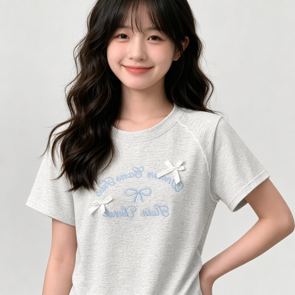 女童短袖夏装刺绣字母蝴蝶结蕾丝大童T恤女学院风收腰短款圆领t