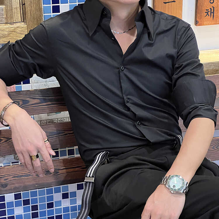 春夏新品特价意式大尖暗扣领男士修身纯黑色长袖衬衫主持夜店潮男