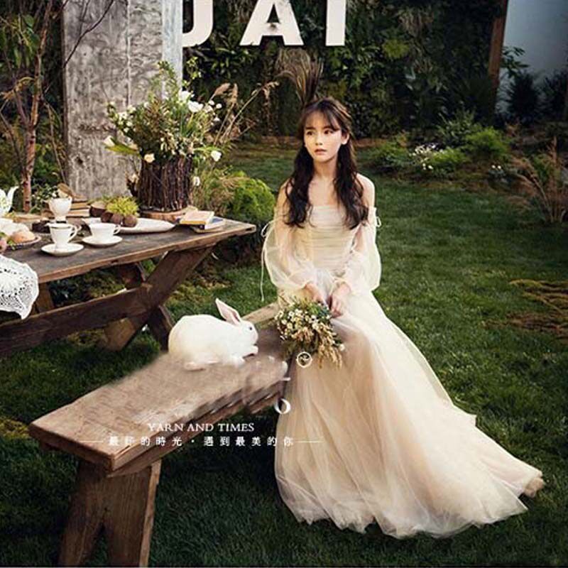 morigirl 森系复古旅拍轻婚纱 简约伴娘服毕业写真一字肩抹胸礼服