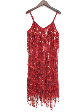 派对舞台partydress深V领双面亮片流苏低胸性感吊带礼服连衣裙潮