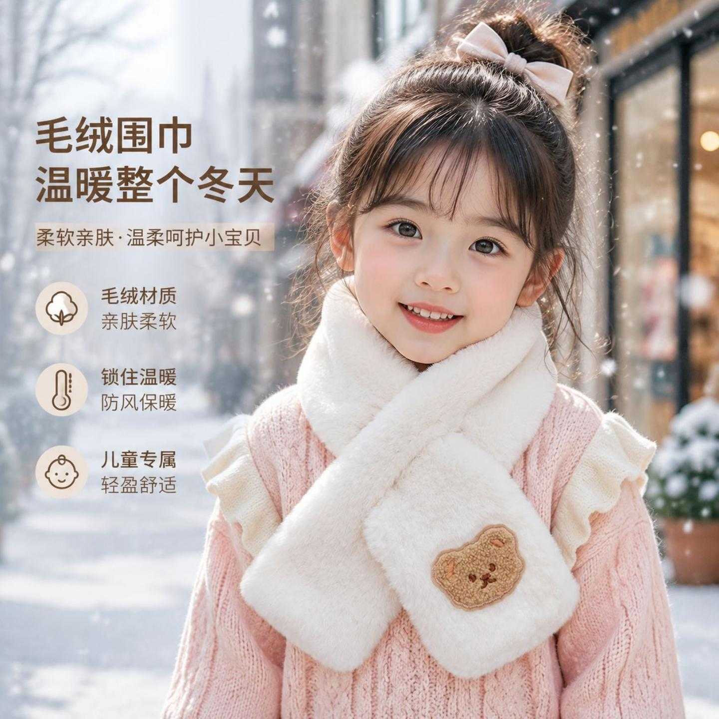 冬季儿童可爱毛绒脖套男童女孩加绒加厚保暖围巾宝宝卡通交叉围脖