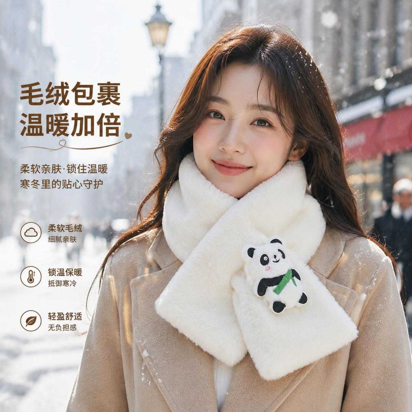 可爱熊猫仿兔毛毛绒围巾女秋冬季