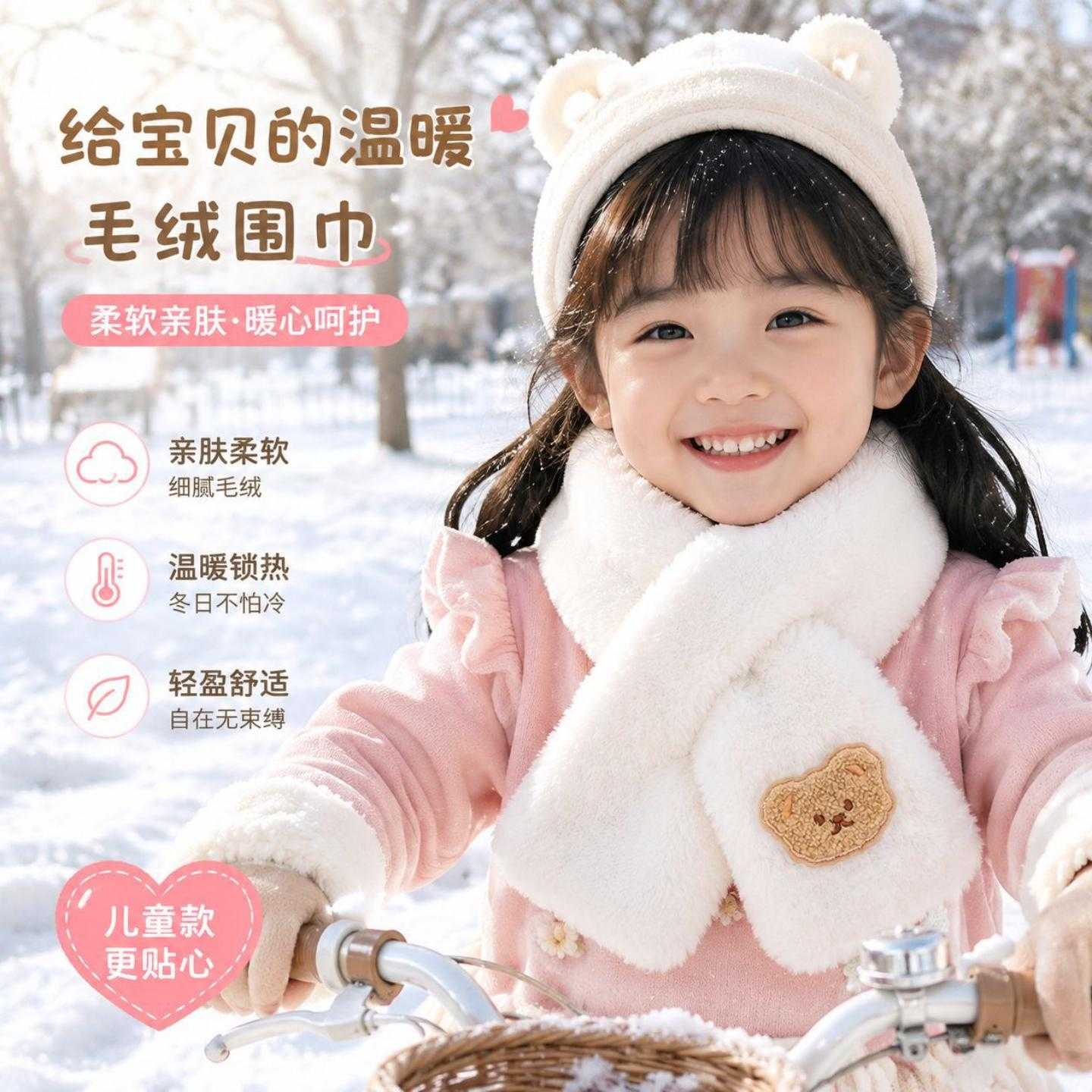 冬季儿童可爱毛绒脖套男童女孩加绒加厚保暖围巾宝宝卡通交叉围脖