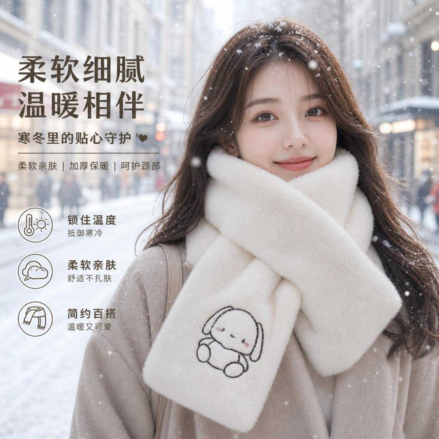 白色毛绒围巾女冬季韩版毛茸茸仿兔毛短款交叉小围脖保暖可爱