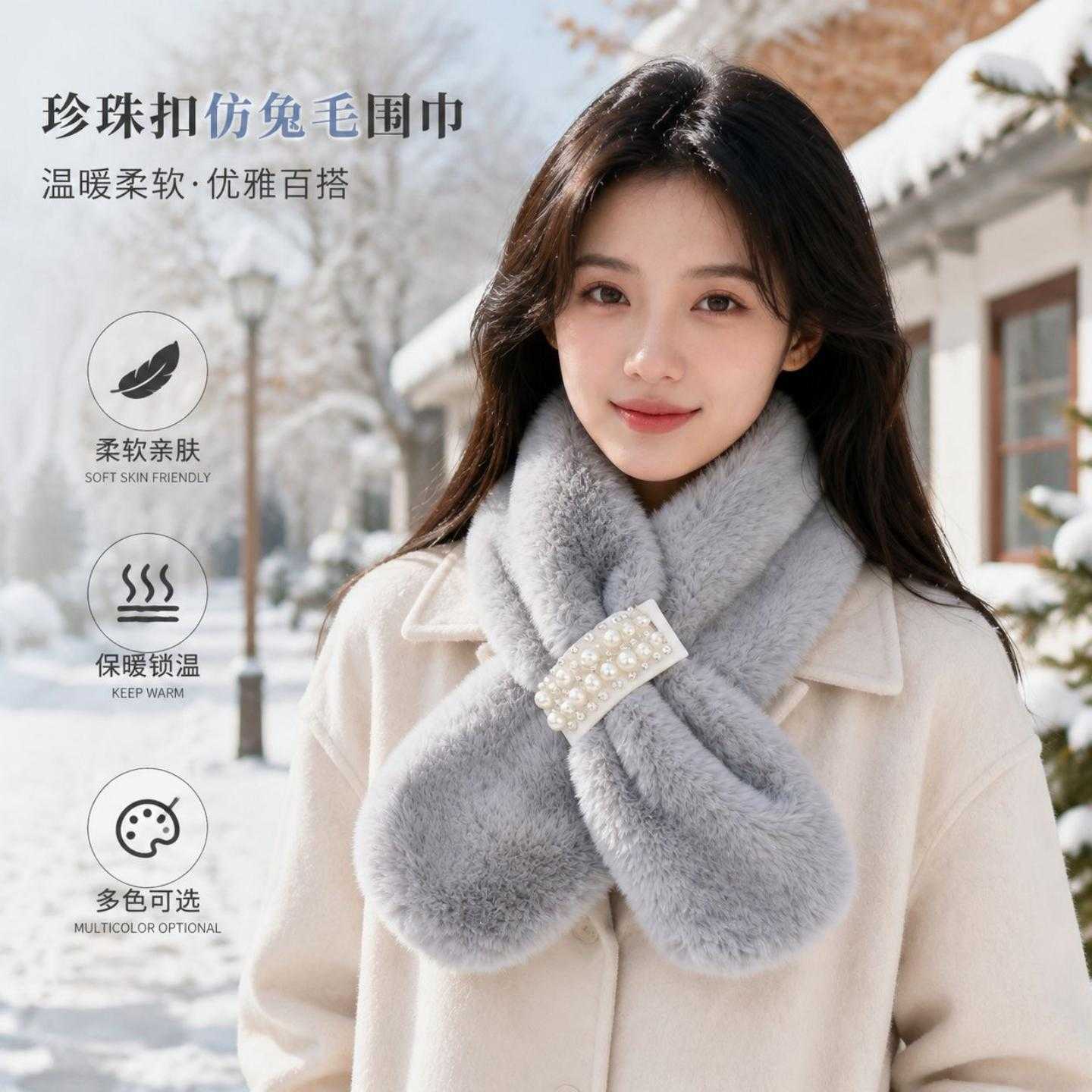 秋冬季新款珍珠仿獭兔毛毛绒围脖女百搭交叉加厚保暖毛毛围巾