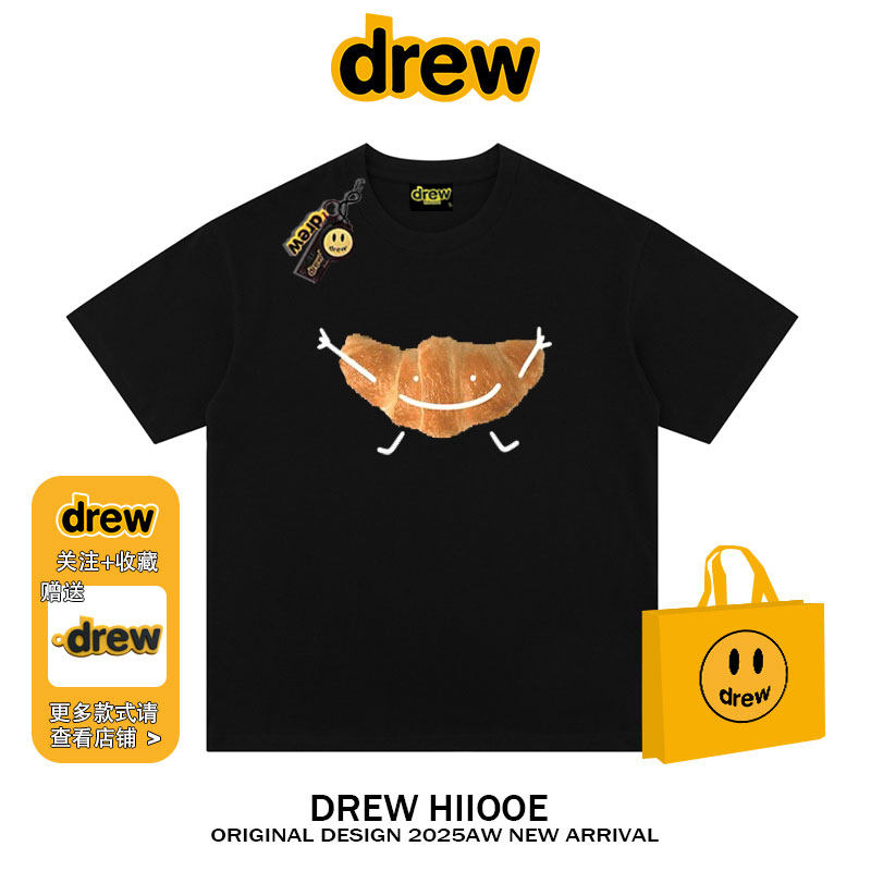 drew潮牌笑脸牛角包印花短袖t恤男女美式复古纯棉百搭宽松情侣ins