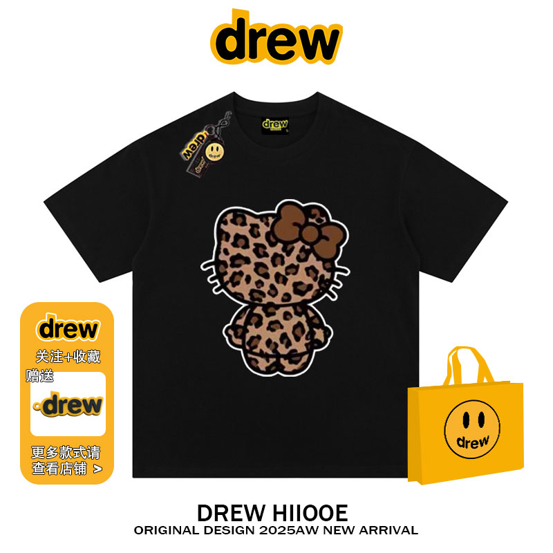 drew美式潮牌豹纹Kitty猫复古宽松短袖t恤男女宽松情侣纯棉上衣潮